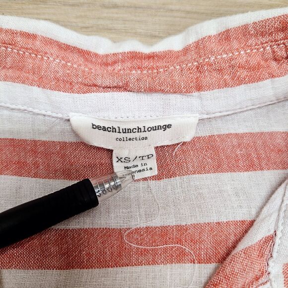 Beach Lunch Lounge Womens White Pink Stripe Button Down Linen Shirt Size XS Knot - Picture 6 of 7